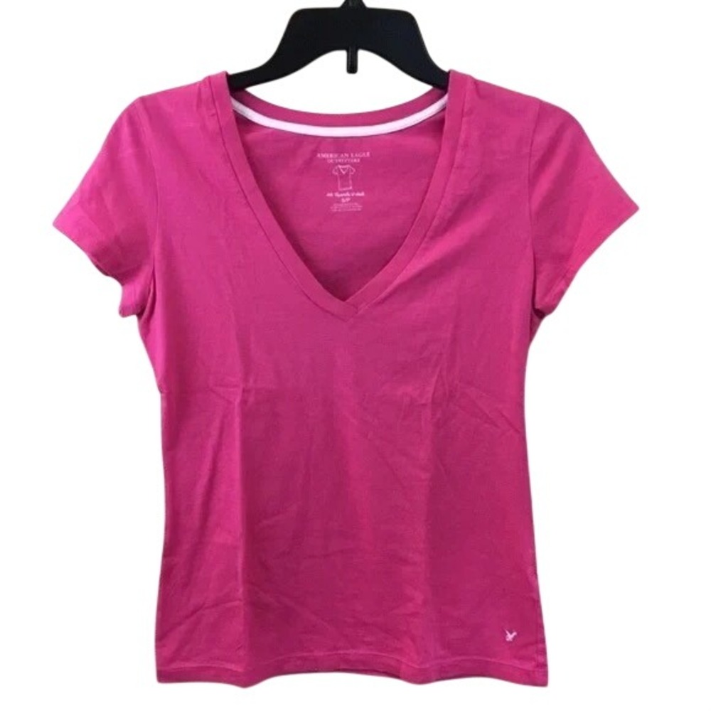 Y2K‎ American Eagle Pink V-Neck Fitted Tee Small Coquette Basic Top